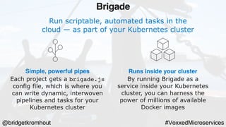 @bridgetkromhout #VoxxedMicroservices
Run scriptable, automated tasks in the
cloud — as part of your Kubernetes cluster
Simple, powerful pipes
Each project gets a brigade.js
config file, which is where you
can write dynamic, interwoven
pipelines and tasks for your
Kubernetes cluster
Runs inside your cluster
By running Brigade as a
service inside your Kubernetes
cluster, you can harness the
power of millions of available
Docker images
Brigade
 