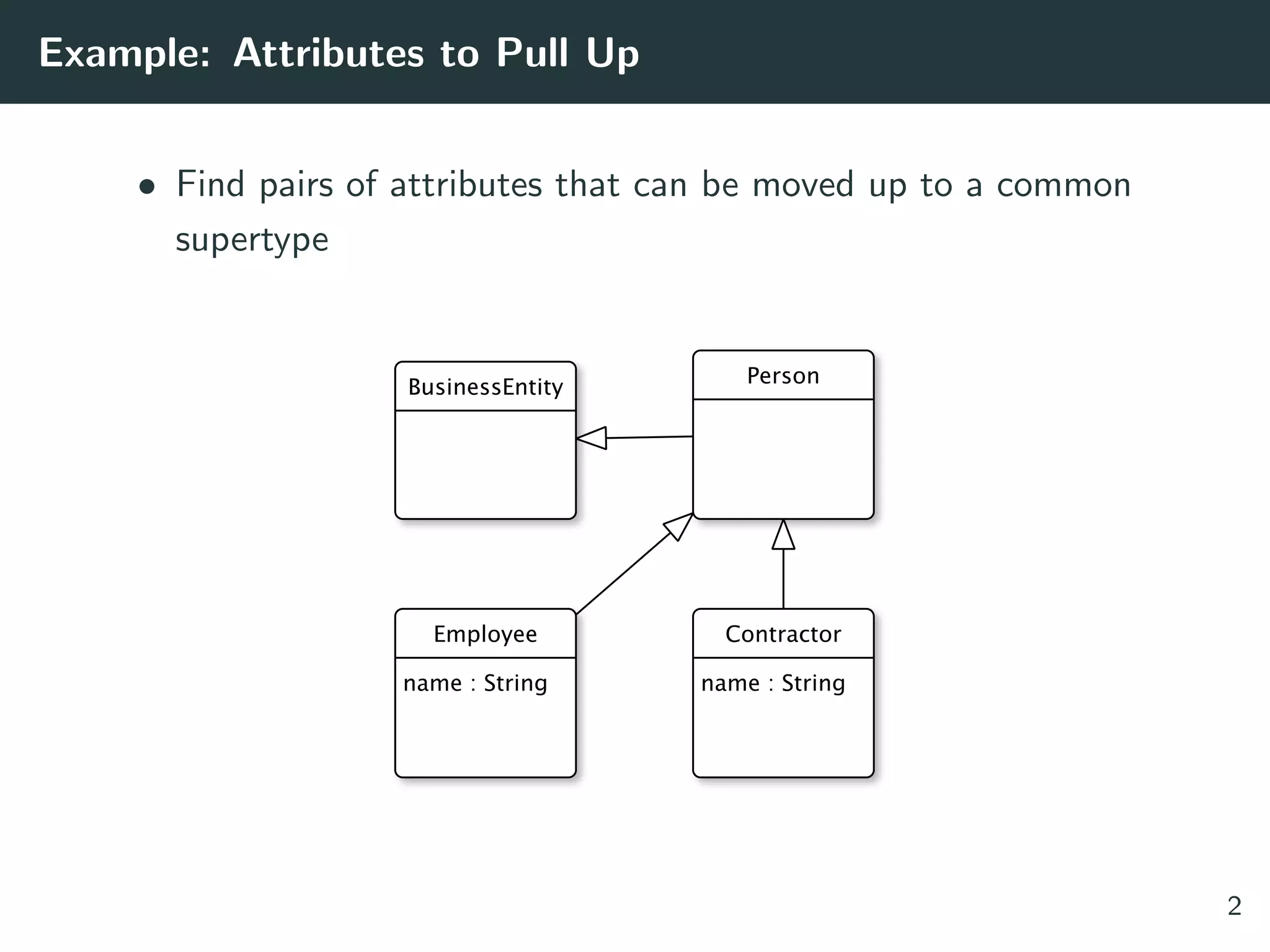 Example: Attributes to Pull Up
• Find pairs of attributes that can be moved up to a common
supertype
2
 
