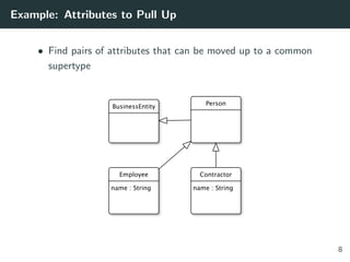 Example: Attributes to Pull Up
• Find pairs of attributes that can be moved up to a common
supertype
8
 