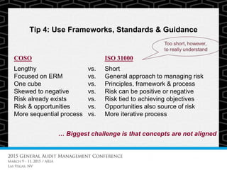 Tip 4: Use Frameworks, Standards & Guidance
… Biggest challenge is that concepts are not aligned
COSO ISO 31000
Lengthy vs. Short
Focused on ERM vs. General approach to managing risk
One cube vs. Principles, framework & process
Skewed to negative vs. Risk can be positive or negative
Risk already exists vs. Risk tied to achieving objectives
Risk & opportunities vs. Opportunities also source of risk
More sequential process vs. More iterative process
 