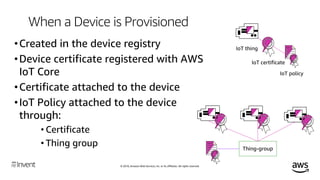 © 2018, Amazon Web Services, Inc. or its affiliates. All rights reserved.
• API Calls
• Single Device Provisioning
• Bulk ...