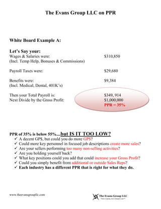 The Evans Group LLC on PPR
www.theevansgroupllc.com
White Board Example A:
Let’s Say your:
Wages & Salaries were: $310,850
(Incl. Temp Help, Bonuses & Commissions)
Payroll Taxes were: $29,680
Benefits were: $9,384
(Incl. Medical, Dental, 401K’s)
Then your Total Payroll is: $349, 914
Next Divide by the Gross Profit: $1,000,000
PPR = 35%
PPR of 35% is below 55%....but IS IT TOO LOW?
 A decent GP$, but could you do more GP$?
 Could more key personnel in focused job descriptions create more sales?
 Are your sellers performing too many non-selling activities?
 Are you holding yourself back?
 What key positions could you add that could increase your Gross Profit?
 Could you simply benefit from additional or outside Sales Reps?
 Each industry has a different PPR that is right for what they do.
 