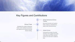 Key Figures and Contributions
1 Daniel Kahneman & Amos
Tversky
Discovered heuristics and cognitive
biases, helping us understand why
people make irrational decisions.
2
Richard Thaler
Developed the concept of behavioral
finance, which explains how emotions
and cognitive errors influence financial
decision-making. 3 Herbert Simon
Introduced the concept of bounded
rationality, which suggests that people
make rational, yet limited, decisions
based on the information available to
them.
 