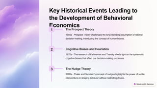 Key Historical Events Leading to
the Development of Behavioral
Economics
1 The Prospect Theory
1950s - Prospect Theory challenges the long-standing assumption of rational
decision-making, introducing the concept of human biases.
2 Cognitive Biases and Heuristics
1970s - The research of Kahneman and Tversky sheds light on the systematic
cognitive biases that affect our decision-making processes.
3 The Nudge Theory
2000s - Thaler and Sunstein's concept of nudges highlights the power of subtle
interventions in shaping behavior without restricting choice.
 