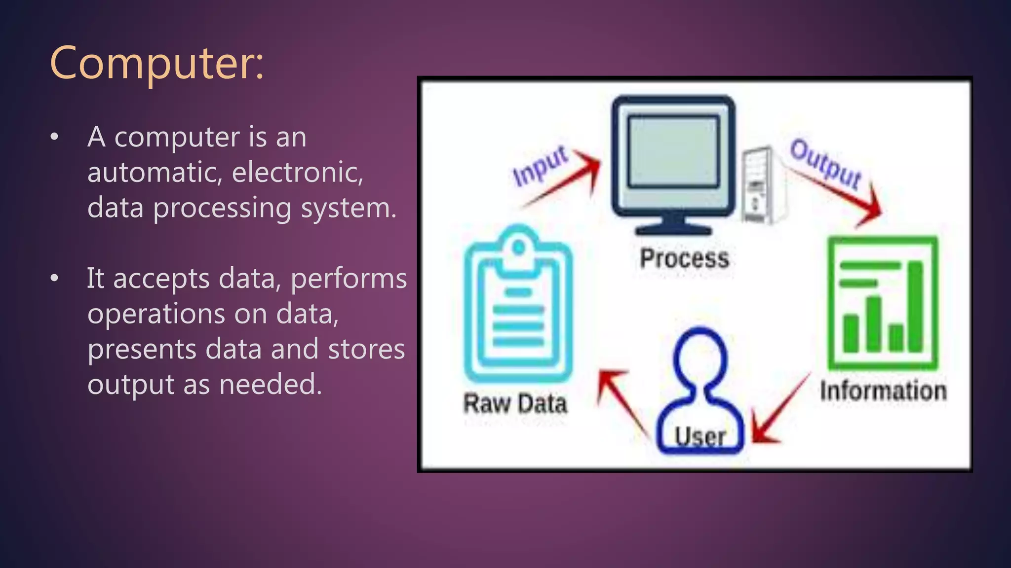 • A computer is an
automatic, electronic,
data processing system.
• It accepts data, performs
operations on data,
presents data and stores
output as needed.
Computer:
 