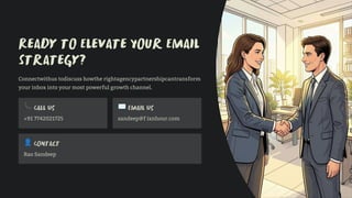 Ready to Elevate Your Email
Strategy?
Rao Sandeep
+91 7742021725 sandeep@f ixnhour.com
Connectwithus todiscuss howthe rightagencypartnershipcantransform
your inbox into your most powerful growth channel.
📞
👤
✉
Call Us
Contact
Email Us
 