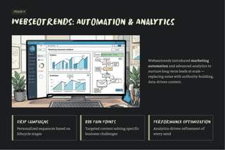 PHASE 4
Webseotrends: Automation & Analytics
Personalized sequences based on
lifecycle stages
Targeted content solving specific
business challenges
Analytics-driven refinement of
every send
Webseotrends introduced marketing
automation and advanced analytics to
nurture long-term leads at scale —
replacing noise with authority-building,
data-driven content.
Drip Campaigns B2B Pain Points Performance Optimization
 