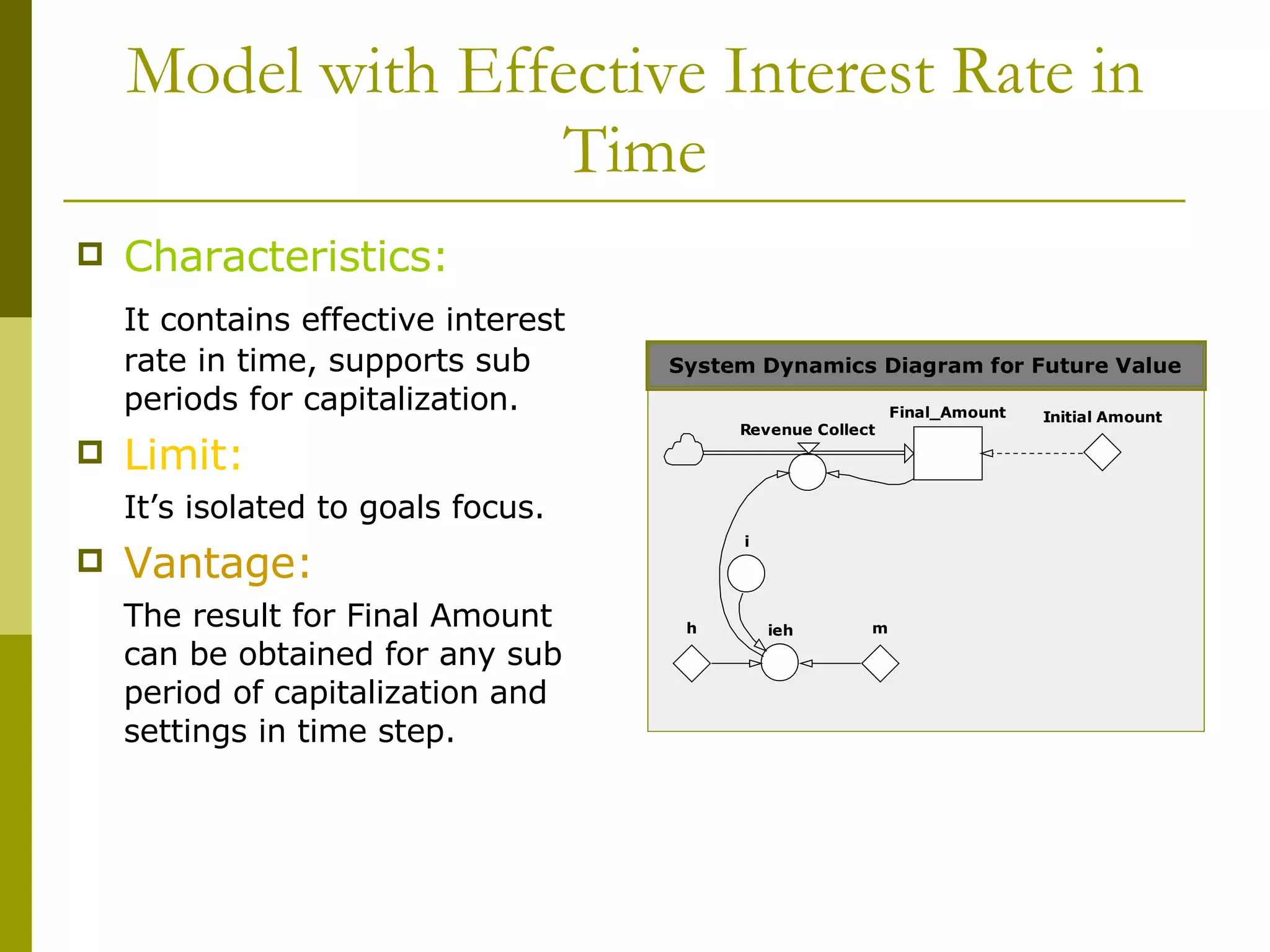 Model with Effective Interest Rate in Time Characteristics: It contains effective interest rate in time, supports sub periods for capitalization. Limit: It’s isolated to goals focus. Vantage: The result for Final Amount can be obtained for any sub period of capitalization and settings in time step. 