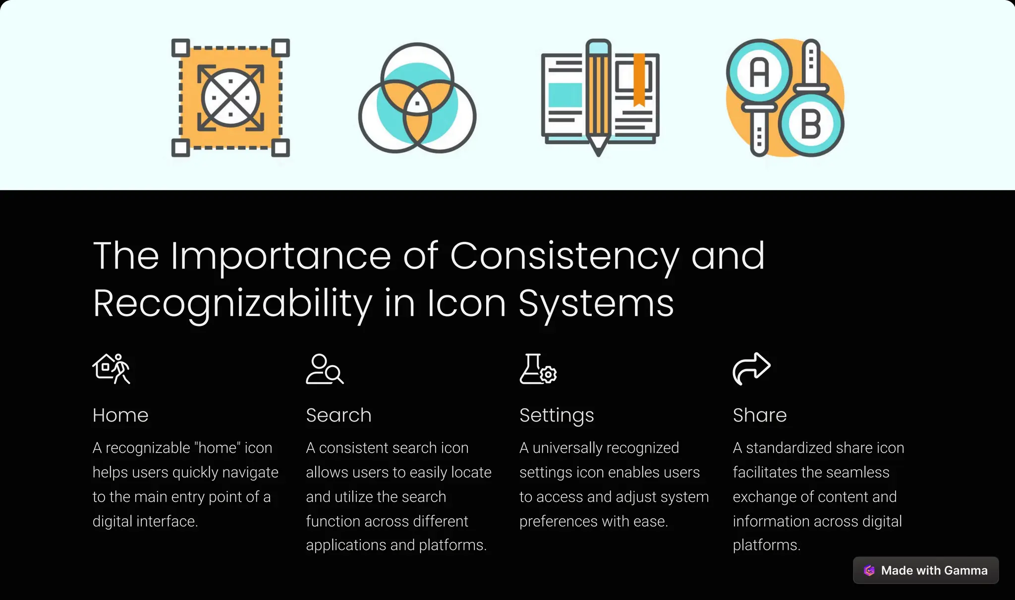 The Importance of Consistency and
Recognizability in Icon Systems
Home
A recognizable "home" icon
helps users quickly navigate
to the main entry point of a
digital interface.
Search
A consistent search icon
allows users to easily locate
and utilize the search
function across different
applications and platforms.
Settings
A universally recognized
settings icon enables users
to access and adjust system
preferences with ease.
Share
A standardized share icon
facilitates the seamless
exchange of content and
information across digital
platforms.
 