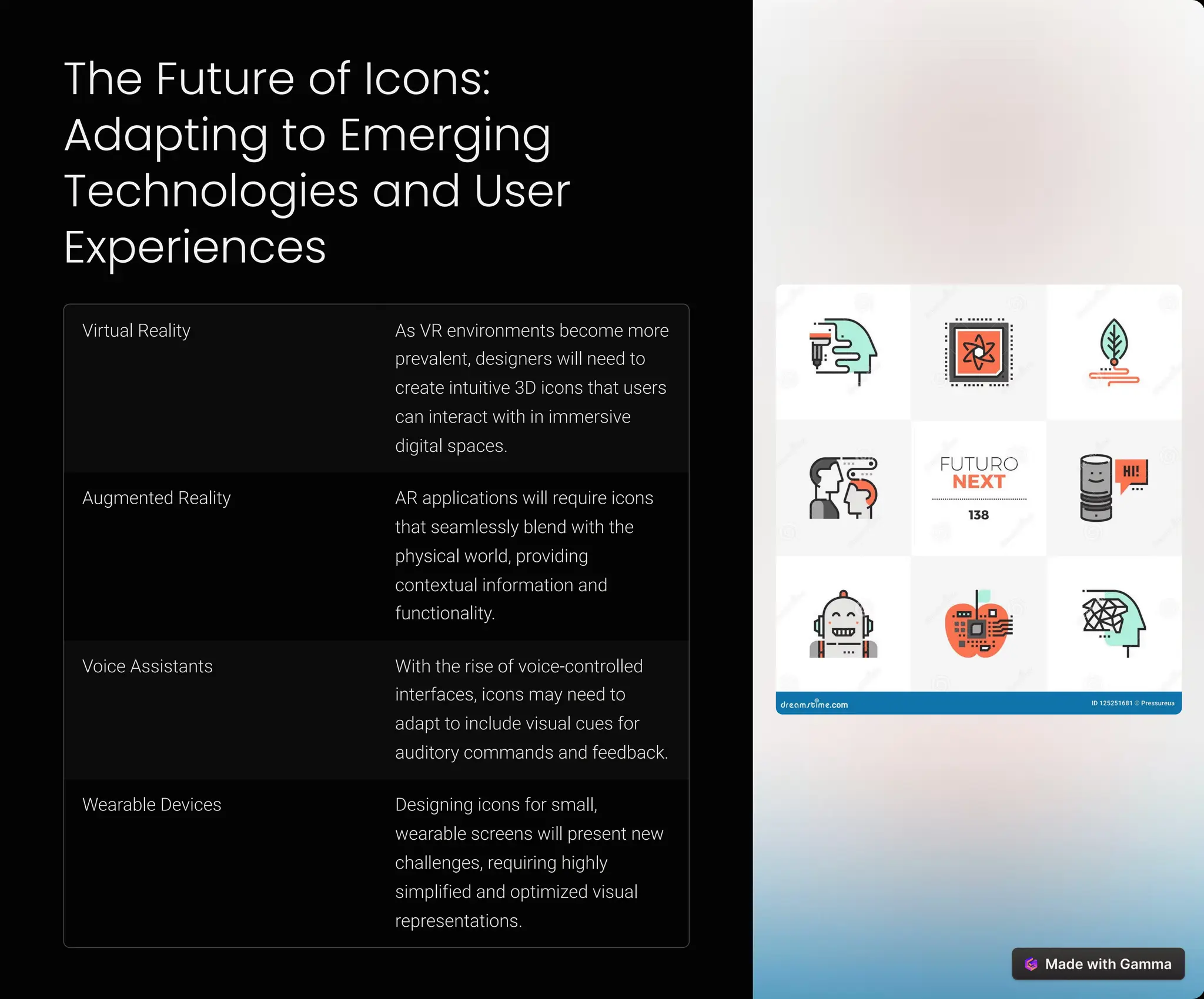The Future of Icons:
Adapting to Emerging
Technologies and User
Experiences
Virtual Reality As VR environments become more
prevalent, designers will need to
create intuitive 3D icons that users
can interact with in immersive
digital spaces.
Augmented Reality AR applications will require icons
that seamlessly blend with the
physical world, providing
contextual information and
functionality.
Voice Assistants With the rise of voice-controlled
interfaces, icons may need to
adapt to include visual cues for
auditory commands and feedback.
Wearable Devices Designing icons for small,
wearable screens will present new
challenges, requiring highly
simplified and optimized visual
representations.
 