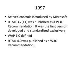 1997 ActiveX controls introduced by Microsoft HTML 3.2[11] was published as a W3C Recommendation. It was the first version developed and standardized exclusively WAP 1.0 defined  HTML 4.0 was published as a W3C Recommendation.  