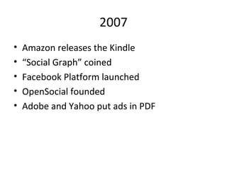 2007 Amazon releases the Kindle “ Social Graph” coined Facebook Platform launched OpenSocial founded Adobe and Yahoo put ads in PDF 
