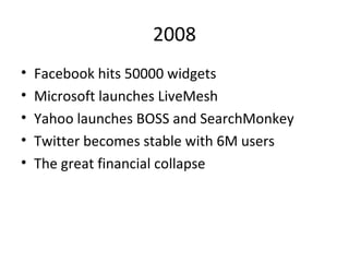 2008 Facebook hits 50000 widgets Microsoft launches LiveMesh Yahoo launches BOSS and SearchMonkey Twitter becomes stable with 6M users The great financial collapse 
