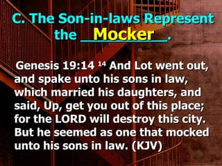 C. The Son-in-laws Represent the __________. Genesis 19:14  14  And Lot went out, and spake unto his sons in law, which married his daughters, and said, Up, get you out of this place; for the LORD will destroy this city. But he seemed as one that mocked unto his sons in law. (KJV) Mocker 