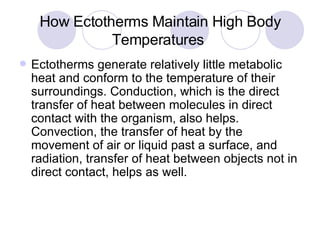 How Ectotherms Maintain High Body Temperatures  Ectotherms generate relatively little metabolic heat and conform to the temperature of their surroundings. Conduction, which is the direct transfer of heat between molecules in direct contact with the organism, also helps. Convection, the transfer of heat by the movement of air or liquid past a surface, and radiation, transfer of heat between objects not in direct contact, helps as well. 