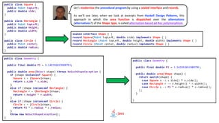 public class Geometry {
public final double PI = 3.141592653589793;
public double area(Shape shape) {
return switch(shape) {
case Square s -> s.side() * s.side();
case Rectangle r -> r.height() * r.width();
case Circle c -> PI * c.radius() * c.radius();
};
}
}
sealed interface Shape { }
record Square(Point topLeft, double side) implements Shape { }
record Rectangle (Point topLeft, double height, double width) implements Shape { }
record Circle (Point center, double radius) implements Shape { }
Let’s modernise the procedural program by using a sealed interface and records.
As we’ll see later, when we look at excerpts from Haskell Design Patterns, this
approach in which the area function is dispatched over the alternations
(alternatives?) of the Shape type, is called alternation-based ad-hoc polymorphism.
public class Geometry {
public final double PI = 3.141592653589793;
public double area(Object shape) throws NoSuchShapeException {
if (shape instanceof Square) {
Square s = (Square)shape;
return s.side * s.side;
}
else if (shape instanceof Rectangle) {
Rectangle r = (Rectangle)shape;
return r.height * r.width;
}
else if (shape instanceof Circle) {
Circle c = (Circle)shape;
return PI * c.radius * c.radius;
}
throw new NoSuchShapeException();
}
public class Square {
public Point topLeft;
public double side;
}
public class Rectangle {
public Point topLeft;
public double height;
public double width;
}
public class Circle {
public Point center;
public double radius;
}
 