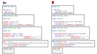 object Data:
enum Expr:
case Const(i: Int)
case Add(l: Expr, r: Expr)
module Data where
data Expr =
Const Int |
Add Expr Expr
module Evaluator where
import Data
evaluate :: Expr -> Int
evaluate (Const i) = i
evaluate (Add l r) = evaluate l + evaluate r
import Data.Expr, Expr._
object Evaluator:
def evaluate(expr: Expr): Int = expr match
case Const(i) => i
case Add(l,r) => evaluate(l) + evaluate(r)
module PrettyPrinter where
import Data
prettyPrint :: Expr -> String
prettyPrint (Const i) = show i
prettyPrint (Add l r) = "(" ++ prettyPrint l ++ " + " ++
prettyPrint r ++ ")"
import Data.Expr, Expr._
object PrettyPrinter:
def prettyPrint(expr: Expr): String = expr match
case Const(i) => i.toString
case Add(l,r) => "(" ++ prettyPrint(l) ++ " + " ++
prettyPrint(r) ++ ")"
main :: IO ()
main = let expression = (Add (Const 2) (Add (Const 3) (Const 4)))
in do print (prettyPrint expression)
print (evaluate expression)
@main def main: Unit =
val expression: Expr = Add(Const(2),Add(Const(3),Const(4)))
println(prettyPrint(expression))
println(evaluate(expression))
scala> main
(2 + (3 + 4))
9
haskell> main
"(2 + (3 + 4))"
9
 