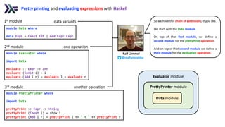 Evaluator module
PrettyPrinter module
Data module
module Data where
data Expr = Const Int | Add Expr Expr
module Evaluator where
import Data
evaluate :: Expr -> Int
evaluate (Const i) = i
evaluate (Add l r) = evaluate l + evaluate r
module PrettyPrinter where
import Data
prettyPrint :: Expr -> String
prettyPrint (Const i) = show i
prettyPrint (Add l r) = prettyPrint l ++ " + " ++ prettyPrint r
Pretty printing and evaluating expressions with Haskell
1st module
one operation
3rd module
Ralf Lämmel
@reallynotabba
So we have this chain of extensions, if you like.
We start with the Data module.
On top of that first module, we define a
second module for the prettyPrint operation.
And on top of that second module we define a
third module for the evaluation operation.
data variants
2nd module
another operation
 