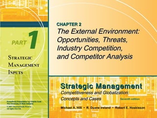 CHAPTER 2
                                          The External Environment:
                                          Opportunities, Threats,
                                          Industry Competition,
 STRATEGIC                                and Competitor Analysis
 MANAGEMENT
 INPUTS

                                           Strategic Management
                                           Competitiveness and Globalization:
PowerPoint Presentation by Charlie Cook
                                           Concepts and Cases           Seventh edition
The University of West Alabama
© 2007 Thomson/South-Western.
All rights reserved.                       Michael A. Hitt • R. Duane Ireland • Robert E. Hoskisson
 