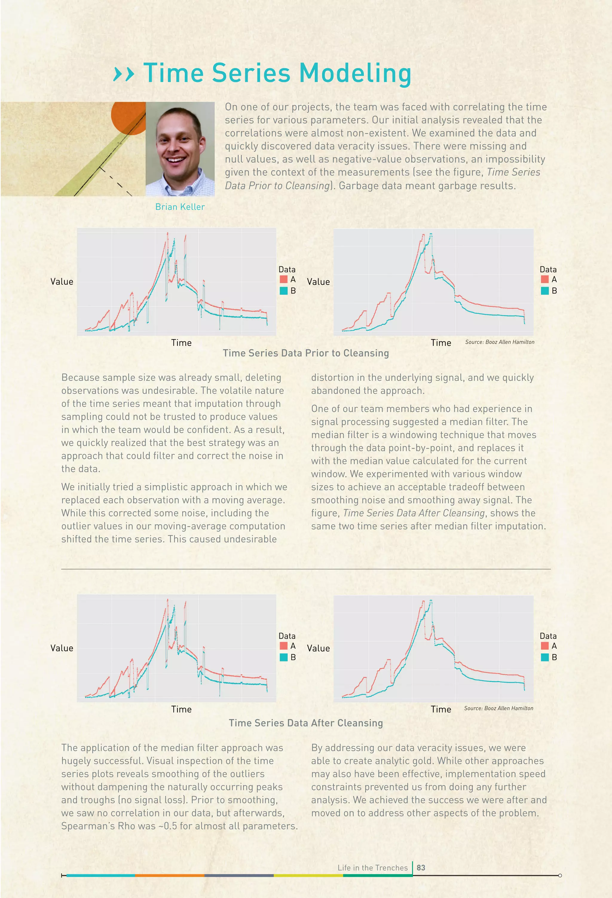 ›› Time Series Modeling

On one of our projects, the team was faced with correlating the time
series for various parameters. Our initial analysis revealed that the
correlations were almost non-existent. We examined the data and
quickly discovered data veracity issues. There were missing and
null values, as well as negative-value observations, an impossibility
given the context of the measurements (see the ﬁgure, Time Series
Data Prior to Cleansing). Garbage data meant garbage results.

Brian Keller

Source: Booz Allen Hamilton

Time Series Data Prior to Cleansing
Because sample size was already small, deleting
observations was undesirable. The volatile nature
of the time series meant that imputation through
sampling could not be trusted to produce values
in which the team would be conﬁdent. As a result,
we quickly realized that the best strategy was an
approach that could ﬁlter and correct the noise in
the data.
We initially tried a simplistic approach in which we
replaced each observation with a moving average.
While this corrected some noise, including the
outlier values in our moving-average computation
shifted the time series. This caused undesirable

distortion in the underlying signal, and we quickly
abandoned the approach.
One of our team members who had experience in
signal processing suggested a median ﬁlter. The
median ﬁlter is a windowing technique that moves
through the data point-by-point, and replaces it
with the median value calculated for the current
window. We experimented with various window
sizes to achieve an acceptable tradeoff between
smoothing noise and smoothing away signal. The
ﬁgure, Time Series Data After Cleansing, shows the
same two time series after median ﬁlter imputation.

Source: Booz Allen Hamilton

Time Series Data After Cleansing
The application of the median ﬁlter approach was
hugely successful. Visual inspection of the time
series plots reveals smoothing of the outliers
without dampening the naturally occurring peaks
and troughs (no signal loss). Prior to smoothing,
we saw no correlation in our data, but afterwards,
Spearman’s Rho was ~0.5 for almost all parameters.

By addressing our data veracity issues, we were
able to create analytic gold. While other approaches
may also have been effective, implementation speed
constraints prevented us from doing any further
analysis. We achieved the success we were after and
moved on to address other aspects of the problem.

Life in the Trenches

83

 