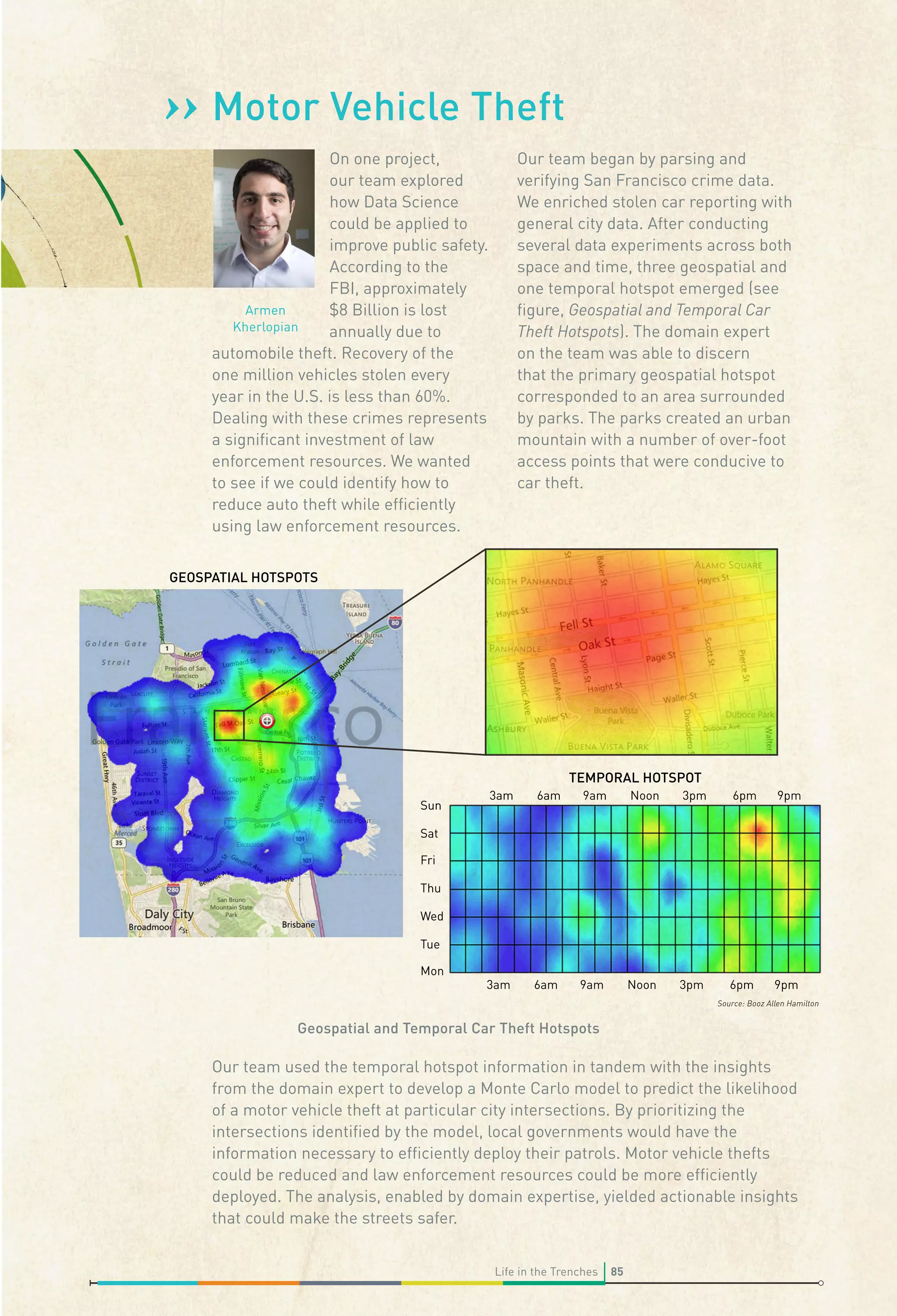 ›› Motor Vehicle Theft
On one project,
our team explored
how Data Science
could be applied to
improve public safety.
According to the
FBI, approximately
Armen
$8 Billion is lost
Kherlopian
annually due to
automobile theft. Recovery of the
one million vehicles stolen every
year in the U.S. is less than 60%.
Dealing with these crimes represents
a signiﬁcant investment of law
enforcement resources. We wanted
to see if we could identify how to
reduce auto theft while efﬁciently
using law enforcement resources.

Our team began by parsing and
verifying San Francisco crime data.
We enriched stolen car reporting with
general city data. After conducting
several data experiments across both
space and time, three geospatial and
one temporal hotspot emerged (see
ﬁgure, Geospatial and Temporal Car
Theft Hotspots). The domain expert
on the team was able to discern
that the primary geospatial hotspot
corresponded to an area surrounded
by parks. The parks created an urban
mountain with a number of over-foot
access points that were conducive to
car theft.

GEOSPATIAL HOTSPOTS

TEMPORAL HOTSPOT
Sun

3am

6am

9am

Noon

3pm

3am

6am

9am

Noon

3pm

6pm

9pm

6pm

9pm

Sat
Fri
Thu
Wed
Tue
Mon

Source: Booz Allen Hamilton

Geospatial and Temporal Car Theft Hotspots

Our team used the temporal hotspot information in tandem with the insights
from the domain expert to develop a Monte Carlo model to predict the likelihood
of a motor vehicle theft at particular city intersections. By prioritizing the
intersections identiﬁed by the model, local governments would have the
information necessary to efﬁciently deploy their patrols. Motor vehicle thefts
could be reduced and law enforcement resources could be more efﬁciently
deployed. The analysis, enabled by domain expertise, yielded actionable insights
that could make the streets safer.
Life in the Trenches

85

 