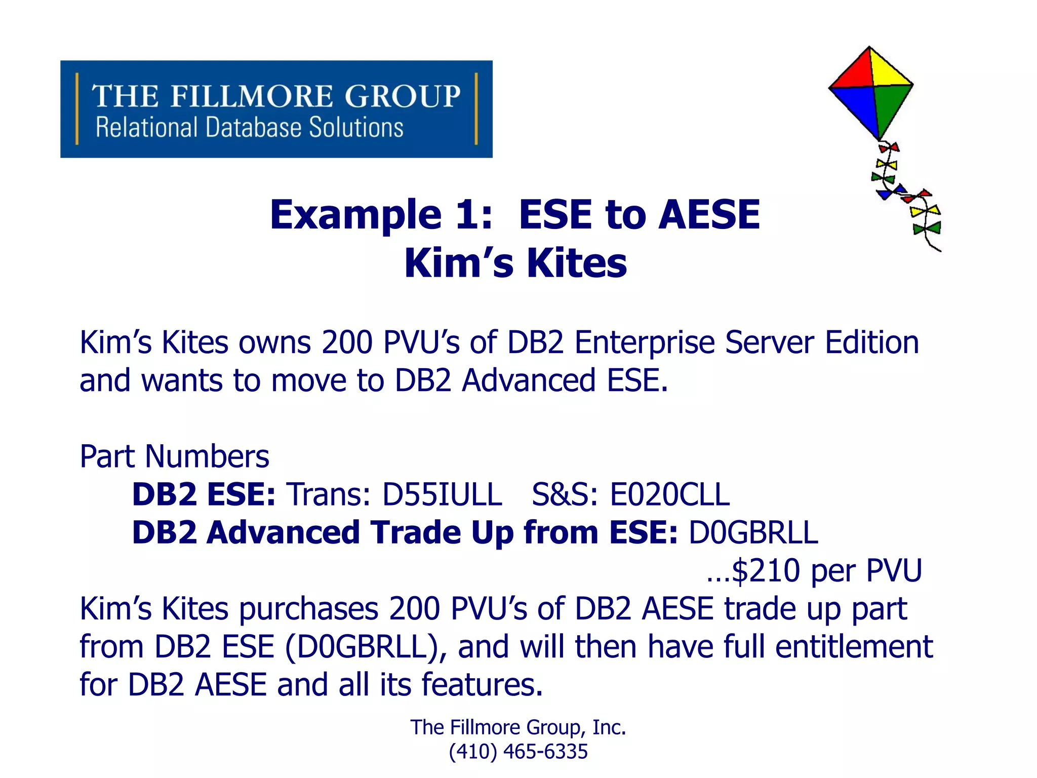 Example 1: ESE to AESE
                  Kim’s Kites
Kim’s Kites owns 200 PVU’s of DB2 Enterprise Server Edition
and wants to move to DB2 Advanced ESE.

Part Numbers
    DB2 ESE: Trans: D55IULL S&S: E020CLL
    DB2 Advanced Trade Up from ESE: D0GBRLL
                                           …$210 per PVU
Kim’s Kites purchases 200 PVU’s of DB2 AESE trade up part
from DB2 ESE (D0GBRLL), and will then have full entitlement
for DB2 AESE and all its features.
                       The Fillmore Group, Inc.
                           (410) 465-6335
 
