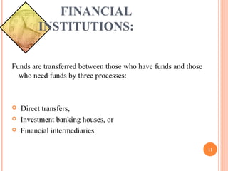 FINANCIAL
INSTITUTIONS:
Funds are transferred between those who have funds and those
who need funds by three processes:
Direct transfers,
Investment banking houses, or
Financial intermediaries.
11