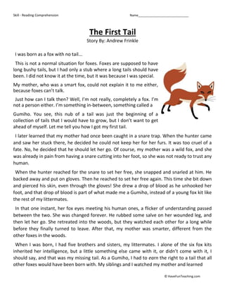 Skill - Reading Comprehension Name_____________________________ 
The First Tail 
Story By: Andrew Frinkle 
I was born as a fox with no tail... 
This is not a normal situation for foxes. Foxes are supposed to have 
long bushy tails, but I had only a stub where a long tails should have 
been. I did not know it at the time, but it was because I was special. 
My mother, who was a smart fox, could not explain it to me either, 
because foxes can’t talk. 
Just how can I talk then? Well, I’m not really, completely a fox. I’m 
not a person either. I’m something in-between, something called a 
Gumiho. You see, this nub of a tail was just the beginning of a 
collection of tails that I would have to grow, but I don’t want to get 
ahead of myself. Let me tell you how I got my first tail. 
I later learned that my mother had once been caught in a snare trap. When the hunter came 
and saw her stuck there, he decided he could not keep her for her furs. It was too cruel of a 
fate. No, he decided that he should let her go. Of course, my mother was a wild fox, and she 
was already in pain from having a snare cutting into her foot, so she was not ready to trust any 
human. 
When the hunter reached for the snare to set her free, she snapped and snarled at him. He 
backed away and put on gloves. Then he reached to set her free again. This time she bit down 
and pierced his skin, even through the gloves! She drew a drop of blood as he unhooked her 
foot, and that drop of blood is part of what made me a Gumiho, instead of a young fox kit like 
the rest of my littermates. 
In that one instant, her fox eyes meeting his human ones, a flicker of understanding passed 
between the two. She was changed forever. He rubbed some salve on her wounded leg, and 
then let her go. She retreated into the woods, but they watched each other for a long while 
before they finally turned to leave. After that, my mother was smarter, different from the 
other foxes in the woods. 
When I was born, I had five brothers and sisters, my littermates. I alone of the six fox kits 
inherited her intelligence, but a little something else came with it, or didn’t come with it, I 
should say, and that was my missing tail. As a Gumiho, I had to earn the right to a tail that all 
other foxes would have been born with. My siblings and I watched my mother and learned 
© HaveFunTeaching.com 
 