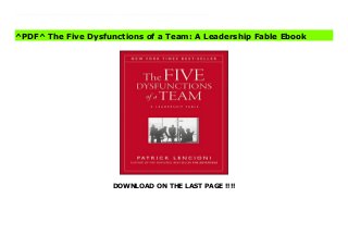 DOWNLOAD ON THE LAST PAGE !!!!
[#Download%] (Free Download) The Five Dysfunctions of a Team: A Leadership Fable Ebook In The Five Dysfunctions of a Team Patrick Lencioni once again offers a leadership fable that is as enthralling and instructive as his first two best-selling books, The Five Temptations of a CEO and The Four Obsessions of an Extraordinary Executive. This time, he turns his keen intellect and storytelling power to the fascinating, complex world of teams. Kathryn Petersen, Decision Tech's CEO, faces the ultimate leadership crisis: Uniting a team in such disarray that it threatens to bring down the entire company. Will she succeed? Will she be fired? Will the company fail? Lencioni's utterly gripping tale serves as a timeless reminder that leadership requires as much courage as it does insight. Throughout the story, Lencioni reveals the five dysfunctions which go to the very heart of why teams even the best ones-often struggle. He outlines a powerful model and actionable steps that can be used to overcome these common hurdles and build a cohesive, effective team. Just as with his other books, Lencioni has written a compelling fable with a powerful yet deceptively simple message for all those who strive to be exceptional team leaders.
^PDF^ The Five Dysfunctions of a Team: A Leadership Fable Ebook
 