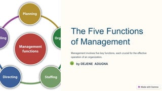 The Five Functions
of Management
Management involves five key functions, each crucial for the effective
operation of an organization.
Da by DEJENE ADUGNA
 