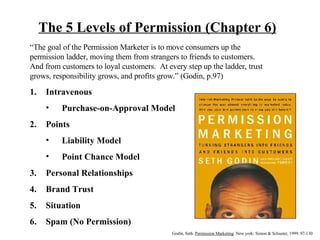 The 5 Levels of Permission (Chapter 6) ,[object Object],[object Object],[object Object],[object Object],[object Object],[object Object],[object Object],[object Object],[object Object],[object Object],Godin, Seth.  Permission Marketing . New york: Simon & Schuster, 1999. 97-130 