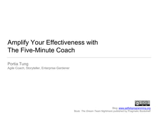 Amplify Your Effectiveness with
The Five-Minute Coach
Portia Tung
Agile Coach, Storyteller, Enterprise Gardener
Blog: www.selfishprogramming.org
Book: The Dream Team Nightmare published by Pragmatic Bookshelf
 