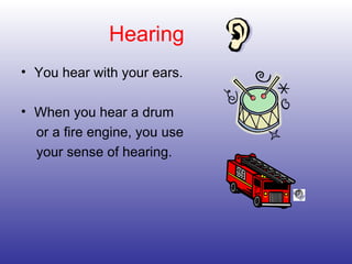 Hearing You hear with your ears. When you hear a drum or a fire engine, you use your sense of hearing.  