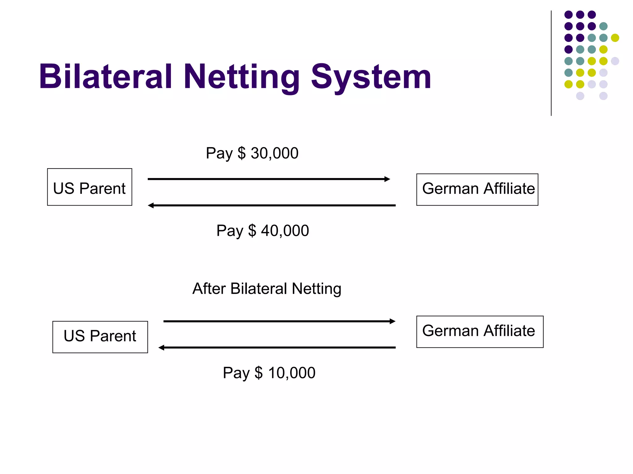 Bilateral Netting System US Parent German Affiliate US Parent German Affiliate Pay $ 30,000  Pay $ 40,000  Pay $ 10,000  After Bilateral Netting 