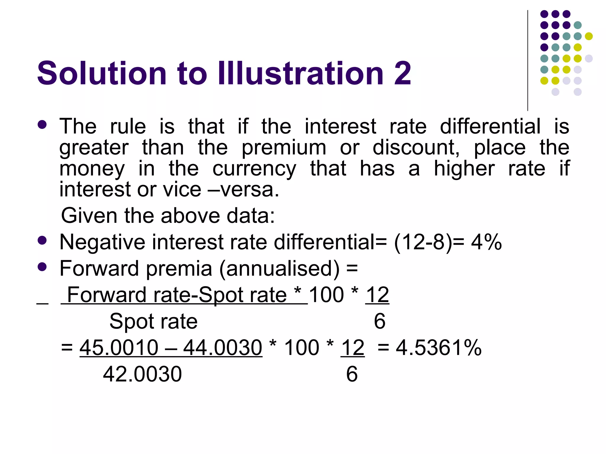 Solution to Illustration 2 The rule is that if the interest rate differential is greater than the premium or discount, place the money in the currency that has a higher rate if interest or vice –versa. Given the above data: Negative interest rate differential= (12-8)= 4% Forward premia (annualised) = Forward rate-Spot rate *  100 *  12 Spot rate  6 =  45.0010 – 44.0030  * 100 *  12   = 4.5361% 42.0030  6 