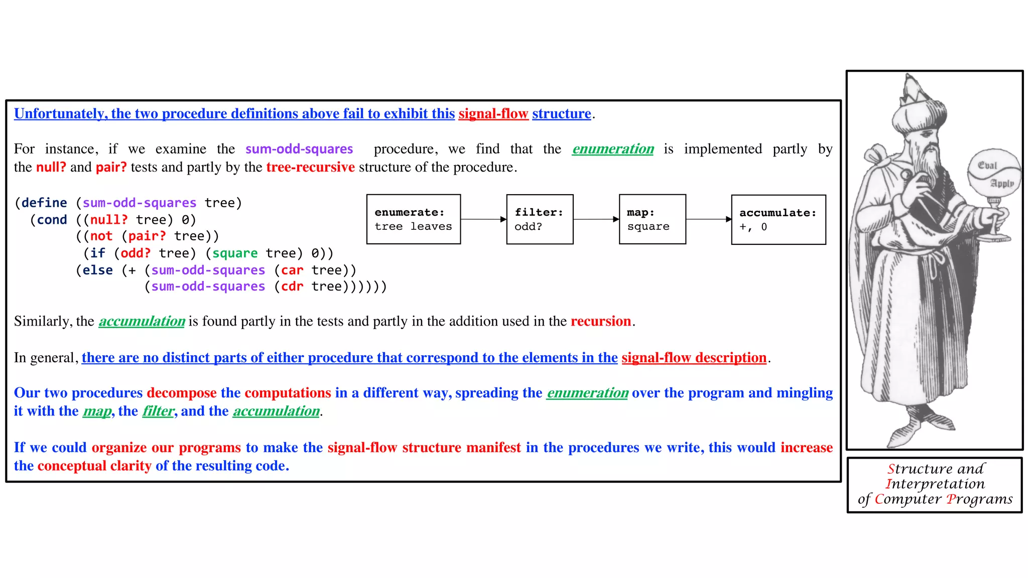 Structure and Interpretation of Computer Programs Unfortunately, the two procedure definitions above fail to exhibit this signal-flow structure. For instance, if we examine the sum-odd-squares procedure, we find that the enumeration is implemented partly by the null? and pair? tests and partly by the tree-recursive structure of the procedure. (define (sum-odd-squares tree) (cond ((null? tree) 0) ((not (pair? tree)) (if (odd? tree) (square tree) 0)) (else (+ (sum-odd-squares (car tree)) (sum-odd-squares (cdr tree)))))) Similarly, the accumulation is found partly in the tests and partly in the addition used in the recursion. In general, there are no distinct parts of either procedure that correspond to the elements in the signal-flow description. Our two procedures decompose the computations in a different way, spreading the enumeration over the program and mingling it with the map, the filter, and the accumulation. If we could organize our programs to make the signal-flow structure manifest in the procedures we write, this would increase the conceptual clarity of the resulting code. enumerate: tree leaves filter: odd? map: square accumulate: +, 0 