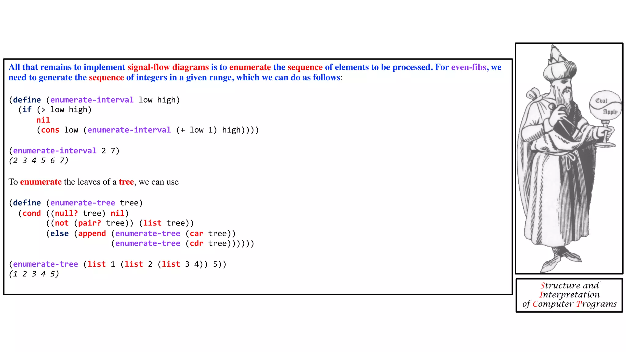 All that remains to implement signal-flow diagrams is to enumerate the sequence of elements to be processed. For even-fibs, we need to generate the sequence of integers in a given range, which we can do as follows: (define (enumerate-interval low high) (if (> low high) nil (cons low (enumerate-interval (+ low 1) high)))) (enumerate-interval 2 7) (2 3 4 5 6 7) To enumerate the leaves of a tree, we can use (define (enumerate-tree tree) (cond ((null? tree) nil) ((not (pair? tree)) (list tree)) (else (append (enumerate-tree (car tree)) (enumerate-tree (cdr tree)))))) (enumerate-tree (list 1 (list 2 (list 3 4)) 5)) (1 2 3 4 5) Structure and Interpretation of Computer Programs 