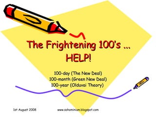 The Frightening 100’s ... HELP! 100-day (The New Deal) 100-month (Green New Deal) 100-year (Olduvai Theory)  