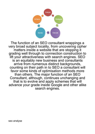 The function of an SEO consultant wrappings a
very broad subject locality, from uncovering cipher
     matters inside a website that are stopping it
grading well through to connection construction to
 lift your attractiveness with search engines. SEO
    is an equitably new business and consultants
      arrive from numerous distinct backgrounds,
 counting on their path in to SEO a consultant will
  favor some kinds of optimisation methods more
      than others. The major function of an SEO
 Consultant, although, continues unchanging and
     that is to evolve and apply schemes that will
advance your grade inside Google and other alike
                     search engines.




seo analyse
 