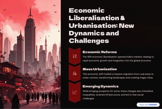 Economic
Liberalisation &
Urbanisation: New
Dynamics and
Challenges
Economic Reforms
The 1991 economic liberalisation opened India's markets, leading to
rapid economic growth and integration into the global economy.
Mass Urbanisation
This economic shift fuelled a massive migration from rural areas to
urban centres, transforming landscapes and creating mega-cities.
Emerging Dynamics
While bringing prosperity for some, these changes also intensified
inequalities, strained infrastructure, and led to new social
challenges.
 