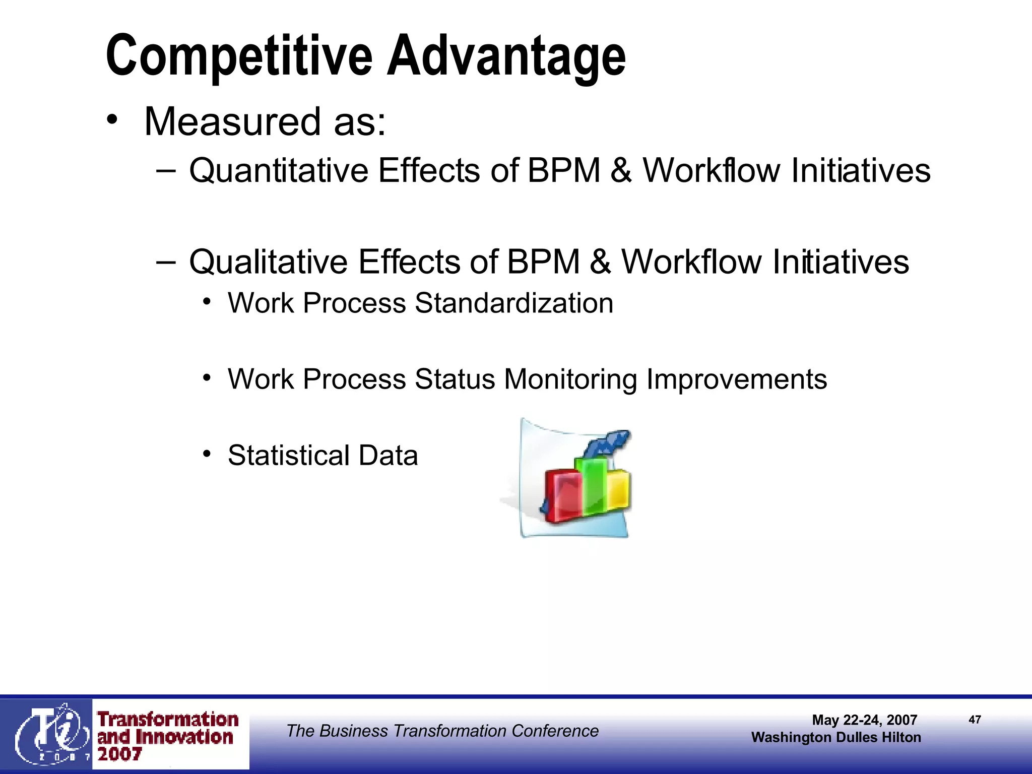 Competitive Advantage Measured as: Quantitative Effects of BPM & Workflow Initiatives Qualitative Effects of BPM & Workflow Initiatives Work Process Standardization Work Process Status Monitoring Improvements Statistical Data 
