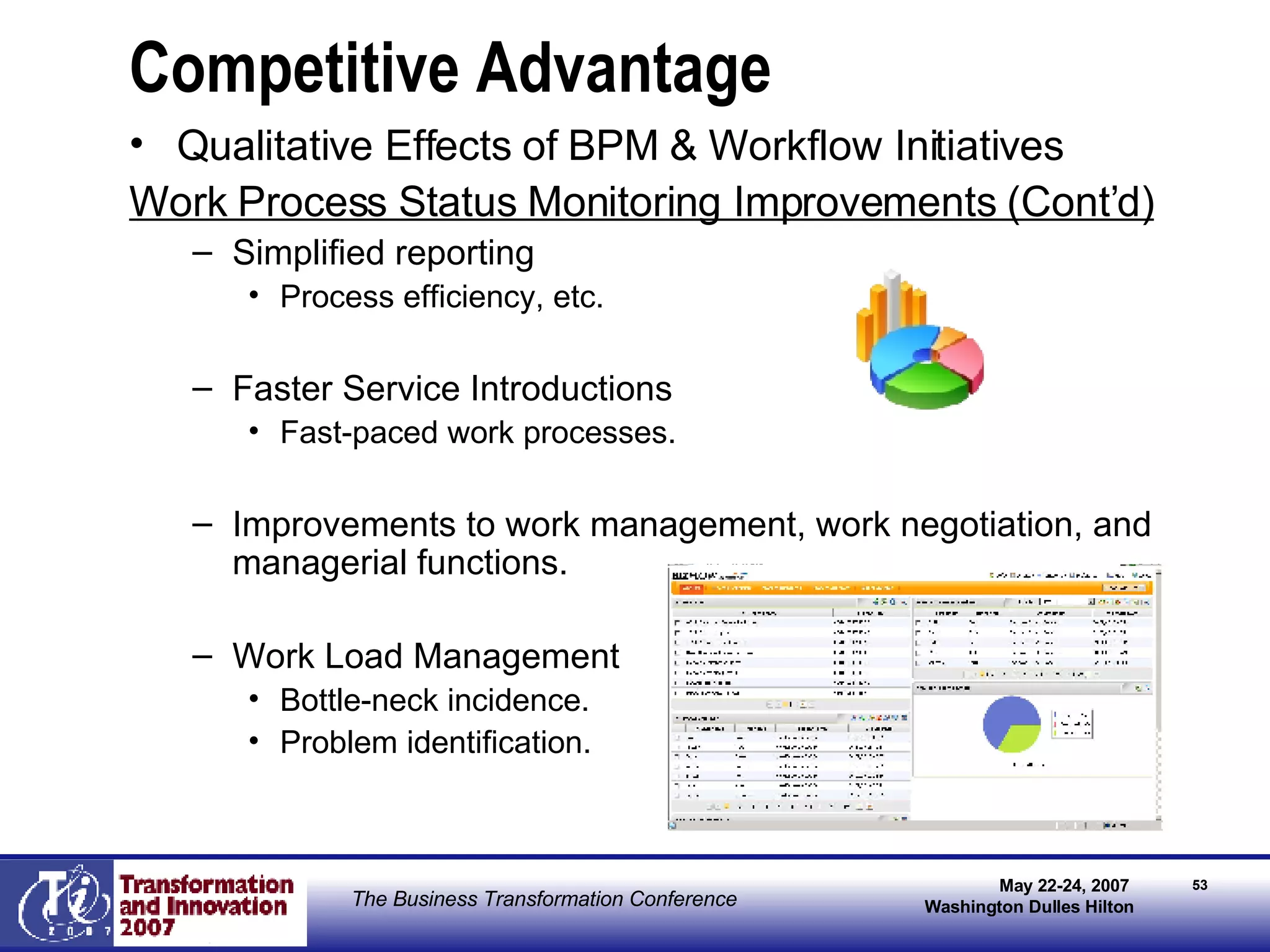 Competitive Advantage Qualitative Effects of BPM & Workflow Initiatives Work Process Status Monitoring Improvements (Cont’d) Simplified reporting Process efficiency, etc. Faster Service Introductions Fast-paced work processes. Improvements to work management, work negotiation, and managerial functions. Work Load Management Bottle-neck incidence.  Problem identification. 