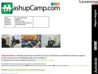   |   Home   |    About Mash up Camp   |    Mash up University   |    Blog                    Important Notice:  Although registration for Mash up Camp is closed (we've reached the maximum capacity for the venue), we're still adding people to the waiting list.  To add yourself to the waiting list, go to the  Camp registration page .    The first Mash up Camp at the Computer History Museum in Mountain View, CA. Left:  Ward Cunningham leads a discussion  Middle:  Attendees get ready to propose sessions  Right:  Lawrence Lessig leads a  discussion about Creative Commons   Moderately useful blurb on unconferences     Inserted from < http://mashupcamp.com/ > Class Schedule Register Sponsors Hotel Info   Logistics/Schedule Register Who's Coming Discussion Ideas Sponsors Hotel Information   