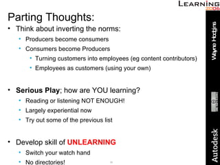 Parting Thoughts: Think about inverting the norms: Producers become consumers Consumers become Producers Turning customers into employees (eg content contributors) Employees as customers (using your own) Serious Play ; how are YOU learning? Reading or listening NOT ENOUGH! Largely experiential now Try out some of the previous list Develop skill of  UNLEARNING Switch your watch hand No directories! 