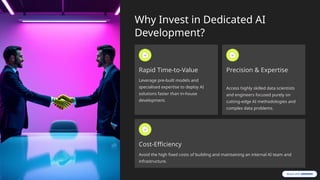 Why Invest in Dedicated AI
Development?
Rapid Time-to-Value
Leverage pre-built models and
specialised expertise to deploy AI
solutions faster than in-house
development.
Precision & Expertise
Access highly skilled data scientists
and engineers focused purely on
cutting-edge AI methodologies and
complex data problems.
Cost-Efficiency
Avoid the high fixed costs of building and maintaining an internal AI team and
infrastructure.
 