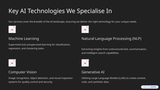 Key AI Technologies We Specialise In
Our services cover the breadth of the AI landscape, ensuring we deliver the right technology for your unique needs.
Machine Learning
Supervised and unsupervised learning for classification,
regression, and clustering tasks.
Natural Language Processing (NLP)
Extracting insights from unstructured text, summarisation,
and intelligent search capabilities.
Computer Vision
Image recognition, object detection, and visual inspection
systems for quality control and security.
Generative AI
Utilising Large Language Models (LLMs) to create content,
code, and synthetic data.
 