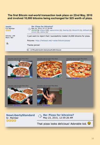 18	
The first Bitcoin real-world transaction took place on 22nd May, 2010
and involved 10,000 bitcoins being exchanged for $25 worth of pizza.
 
