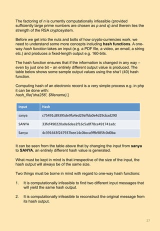 The factoring of n is currently computationally infeasible (provided
sufficiently large prime numbers are chosen as p and q) and therein lies the
strength of the RSA cryptosystem.
Before we get into the nuts and bolts of how crypto-currencies work, we
need to understand some more concepts including hash functions. A one-
way hash function takes an input (e.g. a PDF file, a video, an email, a string
etc.) and produces a fixed-length output e.g. 160-bits.
The hash function ensures that if the information is changed in any way –
even by just one bit – an entirely different output value is produced. The
table below shows some sample output values using the sha1 (40) hash
function.
Computing hash of an electronic record is a very simple process e.g. in php
it can be done with:
hash_file('sha256', $filename).]
It can be seen from the table above that by changing the input from sanya
to SANYA, an entirely different hash value is generated.
What must be kept in mind is that irrespective of the size of the input, the
hash output will always be of the same size.
Two things must be borne in mind with regard to one-way hash functions:
1.  It is computationally infeasible to find two different input messages that
will yield the same hash output.
2.  It is computationally infeasible to reconstruct the original message from
its hash output.
27	
Input	 Hash	
sanya	 c75491c89395de9fa4ed29affda0e4d29cbad290	
SANYA	 33fef490220a0e6dee2f16c5a8f78ce491741adc	
Sanya	 4c391643f247937bee14c0bcca9ffb985fc0d0ba	
 