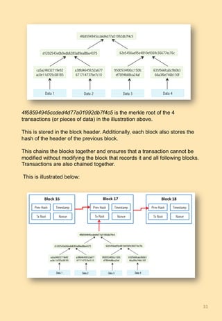 4f68594945ccded4d77a01992db7f4c5 is the merkle root of the 4
transactions (or pieces of data) in the illustration above.
This is stored in the block header. Additionally, each block also stores the
hash of the header of the previous block.
This chains the blocks together and ensures that a transaction cannot be
modified without modifying the block that records it and all following blocks.
Transactions are also chained together.
This is illustrated below:
31	
 