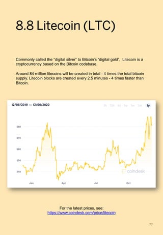 8.8 Litecoin (LTC)
Commonly called the “digital silver” to Bitcoin’s “digital gold”, Litecoin is a
cryptocurrency based on the Bitcoin codebase.
Around 84 million litecoins will be created in total - 4 times the total bitcoin
supply. Litecoin blocks are created every 2.5 minutes - 4 times faster than
Bitcoin.
77	
For the latest prices, see:
https://www.coindesk.com/price/litecoin
 